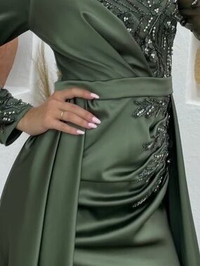 Olive Green Satin Embellished Women’s Dress